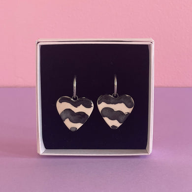 Ceramic Earrings / Big Heart / Black & White