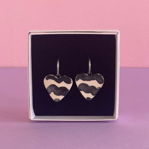 Ceramic Earrings / Big Heart / Black & White