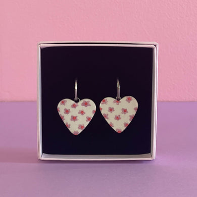 Ceramic Earrings / Big Heart / Flower Print