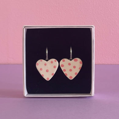 Ceramic Earrings / Big Heart / Pink Polkadots