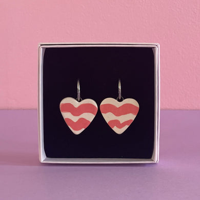 Ceramic Earrings / Big Heart / White & Red