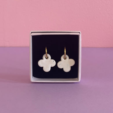 Ceramic Earrings / Clover / White with Speckles