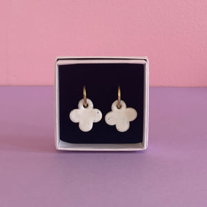 Ceramic Earrings / Clover / White with Speckles