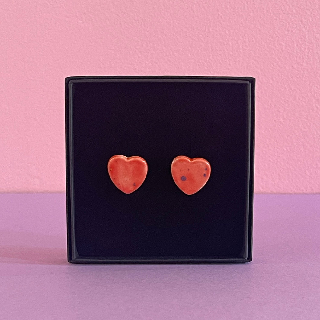 Ceramic Stud Earrings / Heart Studs / Warm Red