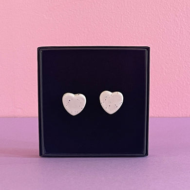 Ceramic Stud Earrings / Heart Studs / White with Speckles