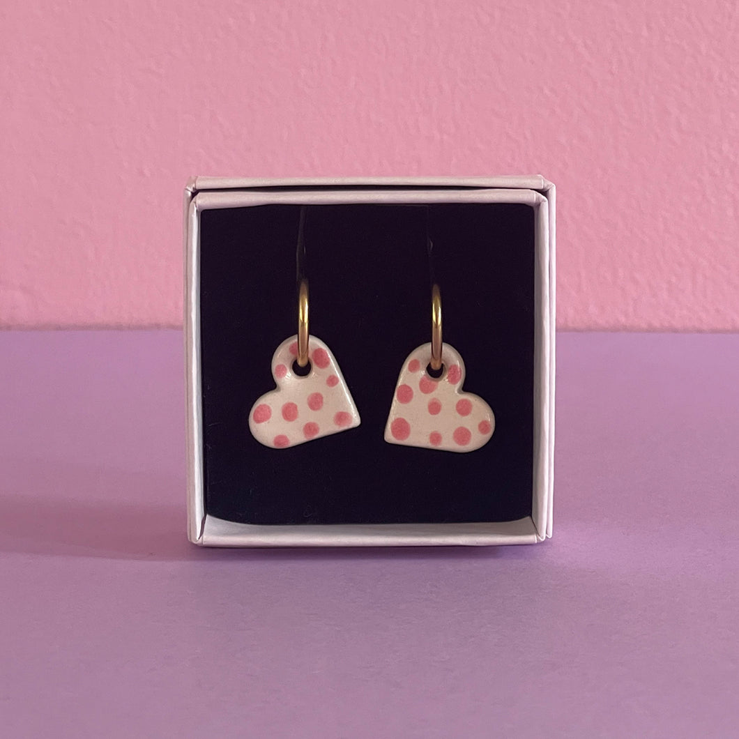 Ceramic Earrings / Little Heart / Polkadot Pink