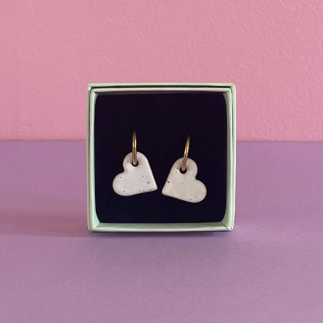 Ceramic Earrings / Little Heart / White with Speckles