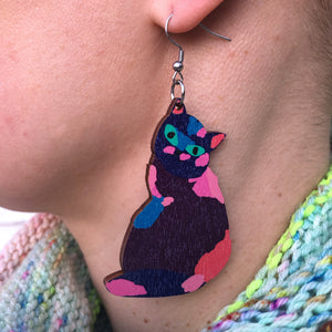 Cat - Birch Plywood Earrings (multiple colour choices)