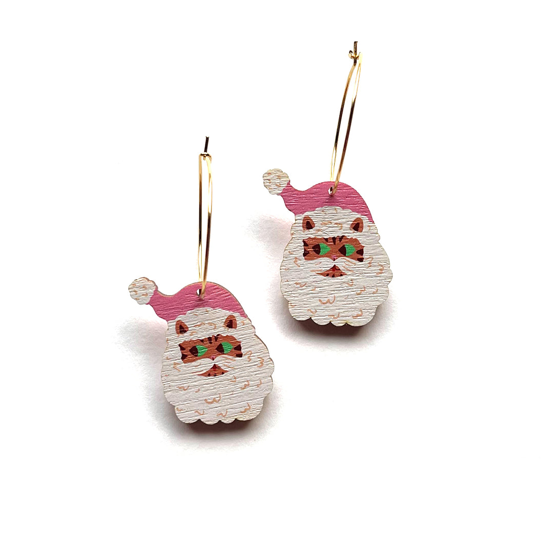 Cat Santa - Birch Plywood Earrings