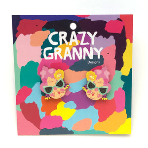 Crazy Granny - Birch Plywood Stud Earrings